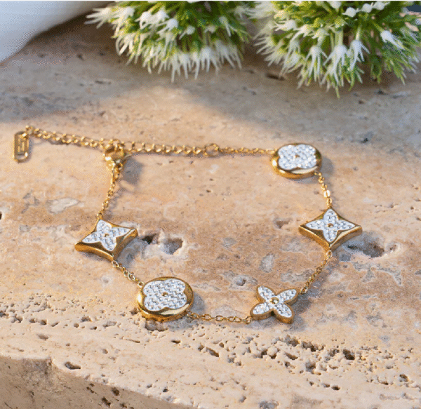 Pulsera Mujer Trebol Piedras -  Oro laminado 18K