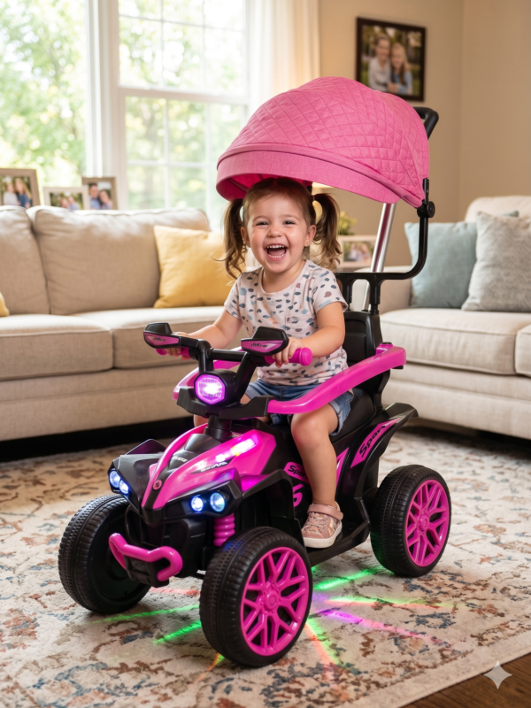 Cuatrimoto Eléctrica Infantil 6V con Luces LED, Sombrilla y Guía de Empuje
