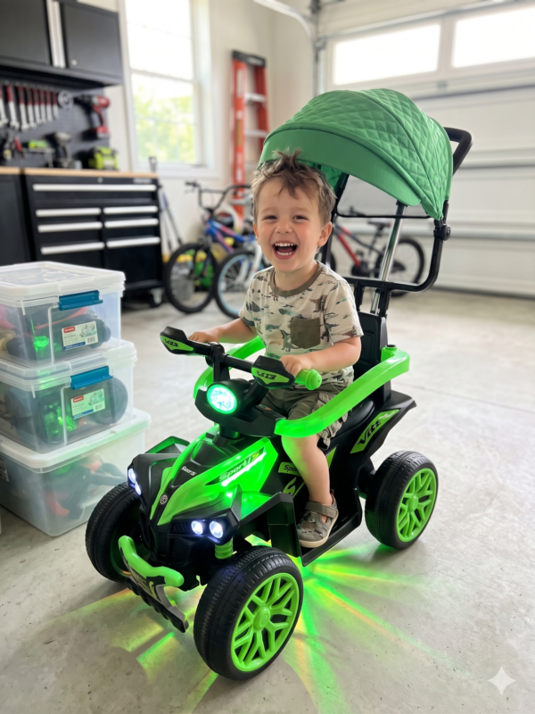Cuatrimoto Eléctrica Infantil 6V con Luces LED, Sombrilla y Guía de Empuje
