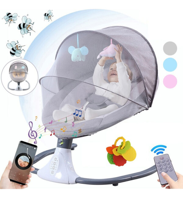 Silla mecedora electrica musical para bebé con movimiento automático, control remoto, mosquitero protector y asiento ergonómico acolchado. Ideal para calmar y relajar a tu bebé de forma segura y cómoda. Silla Mecedora Electrica Bebes Descanso Profundo Gris