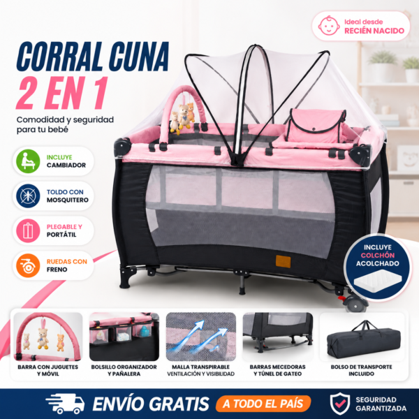 El Corral Cuna Multifuncional Corral Cuna Multifuncional 2 en 1 con Cambiador y Accesorios – Espacio Seguro para Bebé