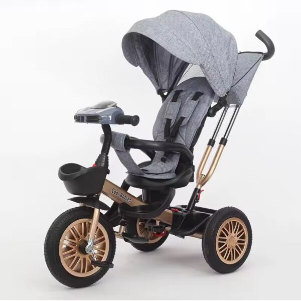 Triciclo Evolutivo para Bebé con Asiento Giratorio, Capota Regulable y Canastilla