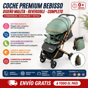 coche bebe premiun Coche Maleta Bebisso Reversible con Ropón – Elegancia y Seguridad en Cada Paseo