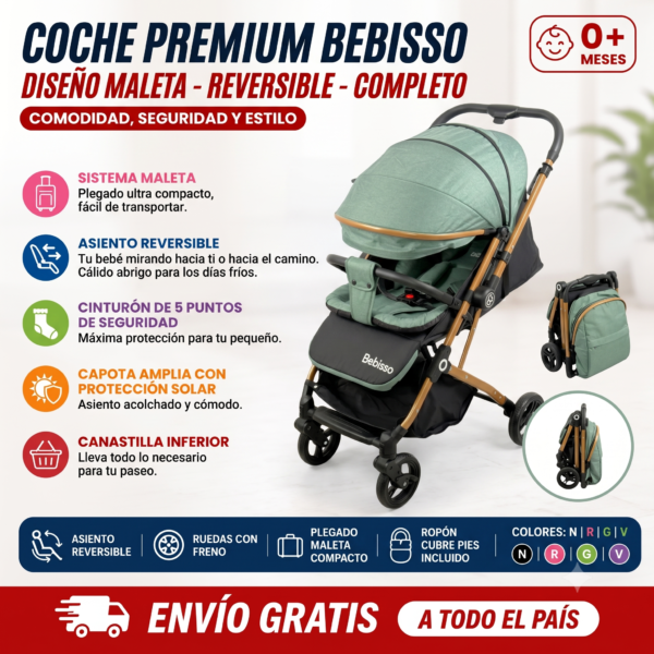 coche bebe premiun Coche Maleta Bebisso Reversible con Ropón – Elegancia y Seguridad en Cada Paseo