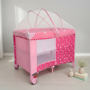 Cuna Corral Toldillo Camping + Maleta Viaje Doble Nivel  Rosa Estampado
