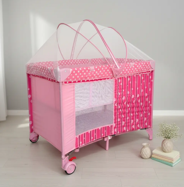 Cuna Corral Toldillo Camping + Maleta Viaje Doble Nivel  Rosa Estampado