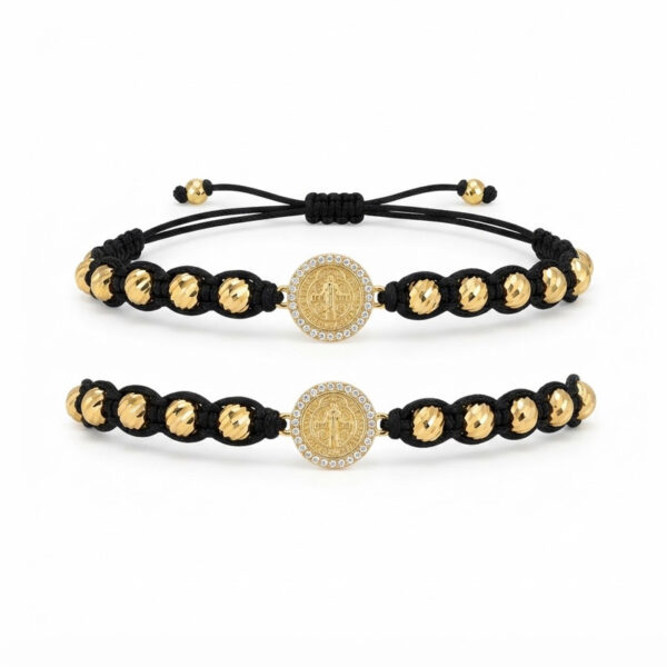 Set de 2 Pulseras San Benito Negras Oro Laminado 18K | Fe y Protección