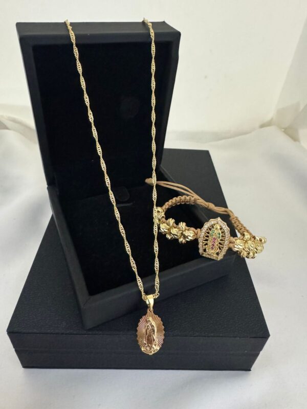 Conjunto Cadena Singapur + Pulsera Virgen de Guadalupe Oro Laminado 18K | Elegancia y Fe