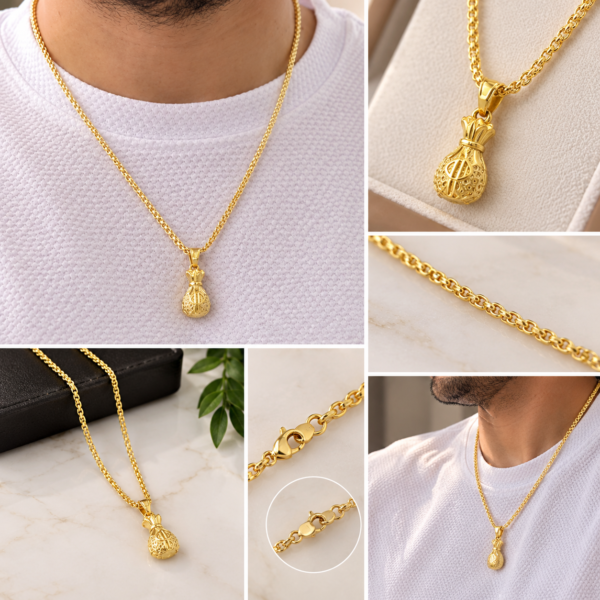 Cadena Chino Hombre 60 cm con Dije Bolsa de Dinero Oro Laminado 18K | Prosperidad y Elegancia