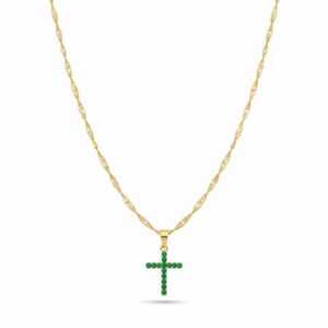 Cadena Singapur con Cruz Verde Esmeralda Oro Laminado 18K | Fe y Elegancia