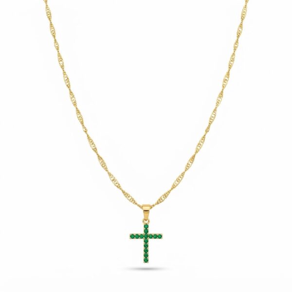 Cadena Singapur con Cruz Verde Esmeralda Oro Laminado 18K | Fe y Elegancia