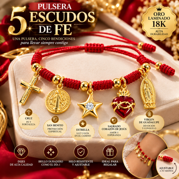 Pulsera 5 Escudos de Fe Oro Laminado 18K con Hilo Rojo | Protección y Elegancia