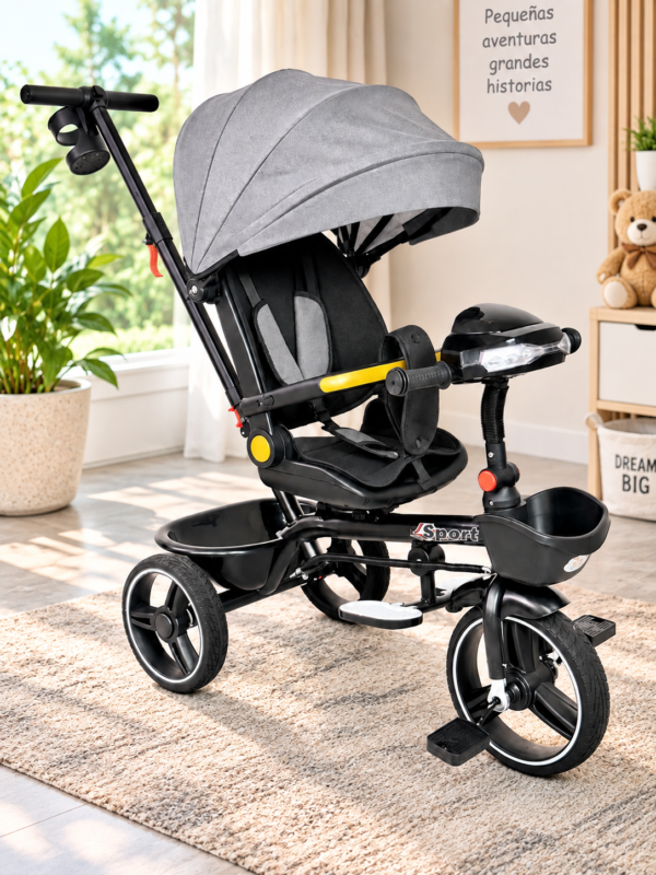 Triciclo Paseador Infantil 360° con Guía Dirigible, Capota Expandible y Luces