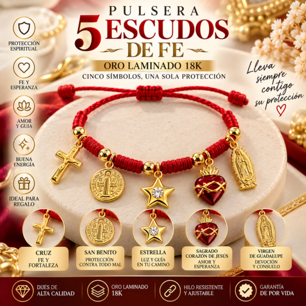 Pulsera 5 Escudos de Fe Oro Laminado 18K con Hilo Rojo | Protección y Elegancia