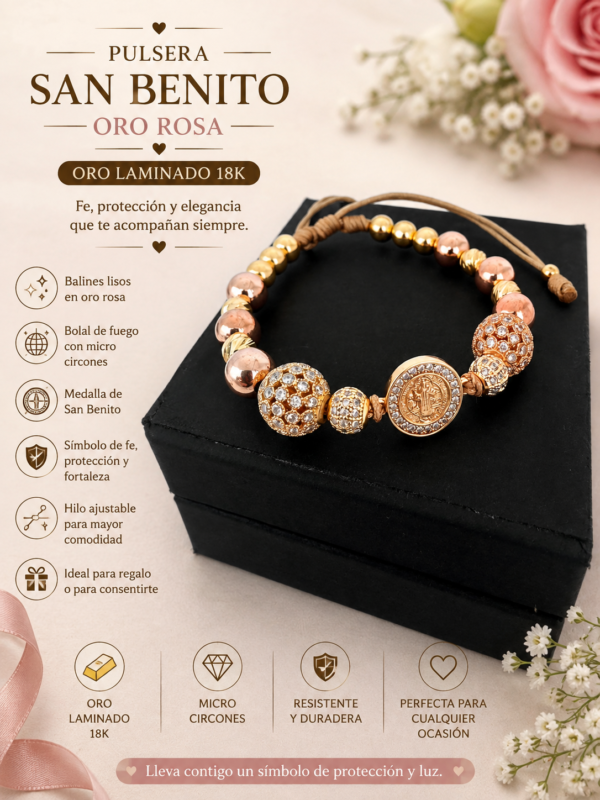 Pulsera San Benito Oro Rosa con Balines y Bola de Fuego Oro Laminado 18K | Fe y Elegancia