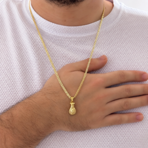 Cadena Chino Hombre 60 cm con Dije Bolsa de Dinero Oro Laminado 18K | Prosperidad y Elegancia