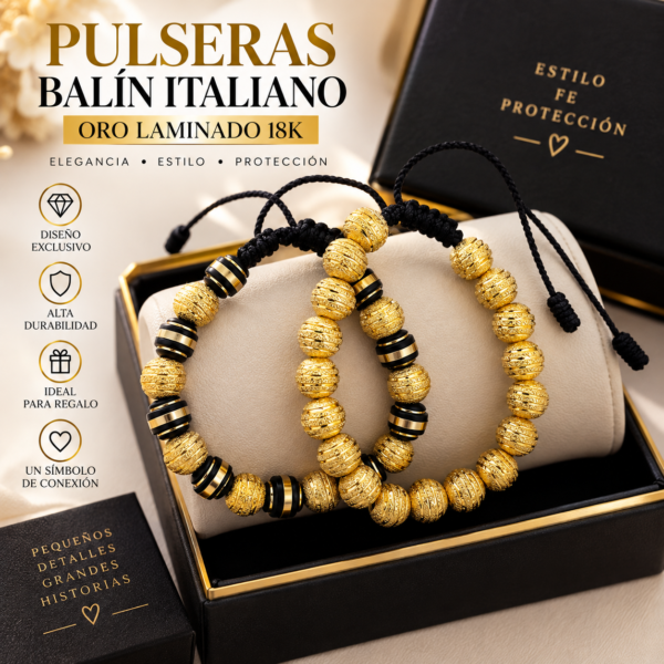 Dúo de Pulseras Balín Italiano Negro y Dorado Oro Laminado 18K  8 mm | Elegancia y Estilo