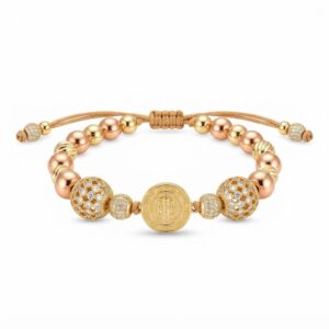 Pulsera San Benito Oro Rosa con Balines y Bola de Fuego Oro Laminado 18K | Fe y Elegancia