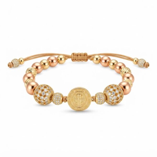 Pulsera San Benito Oro Rosa con Balines y Bola de Fuego Oro Laminado 18K | Fe y Elegancia