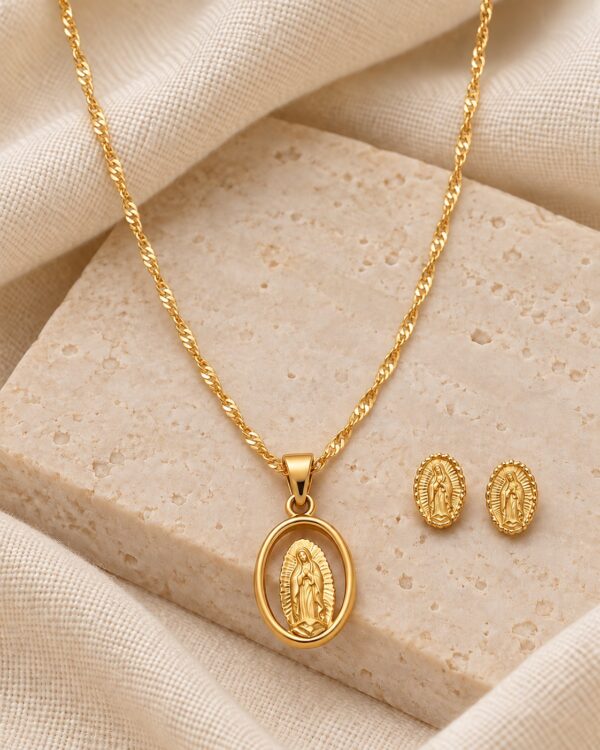 Conjunto Cadena + Topos Virgen de Guadalupe Oro Laminado 18K | Fe y Elegancia