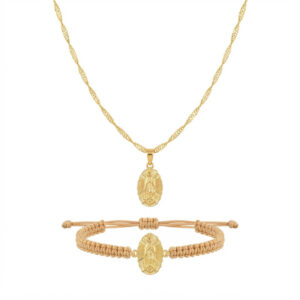 Cadena Singapur 45 cm + Dije Virgen de Guadalupe + Pulsera Oro Laminado 18K