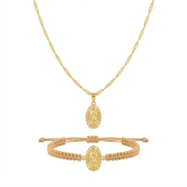Cadena Singapur 45 cm + Dije Virgen de Guadalupe + Pulsera Oro Laminado 18K
