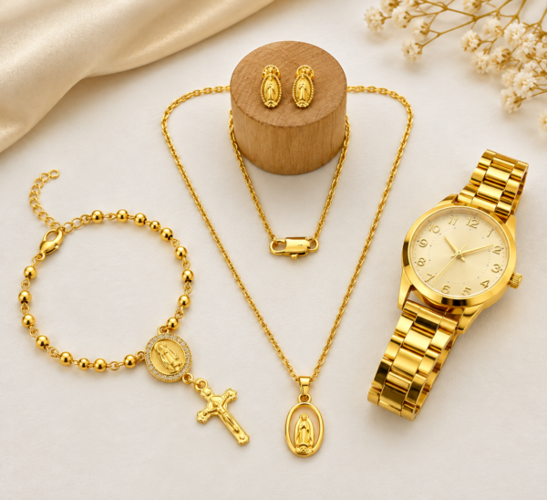 Combo Cadena + Pulsera + Reloj + Topos Virgen de Guadalupe Dama Oro Laminado 18K