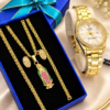Set Elegante Dama Cadena Virgen de Guadalupe + Topos + Reloj Oro Laminado 18K