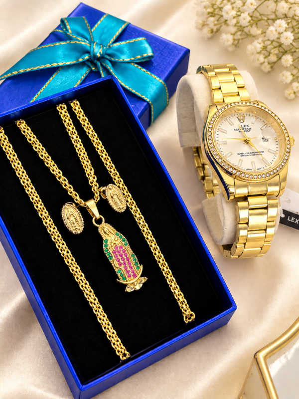 Set Elegante Dama Cadena Virgen de Guadalupe + Topos + Reloj Oro Laminado 18K