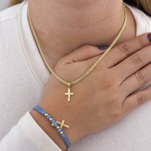 Combo Cadena China Dama + Dije Cruz + Pulsera Azul Oro Laminado 18K
