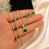 Combo Cadena + Pulsera + Topos Juego Circular Verde Esmeralda Oro Laminado 18K