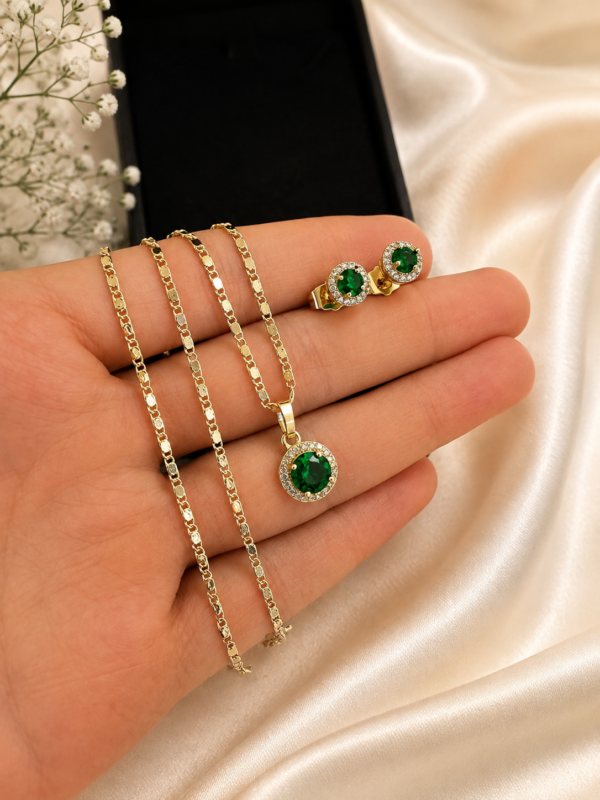 Combo Cadena + Pulsera + Topos Juego Circular Verde Esmeralda Oro Laminado 18K