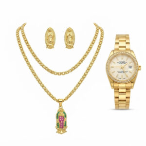 Set Elegante Dama Cadena Virgen de Guadalupe + Topos + Reloj Oro Laminado 18K