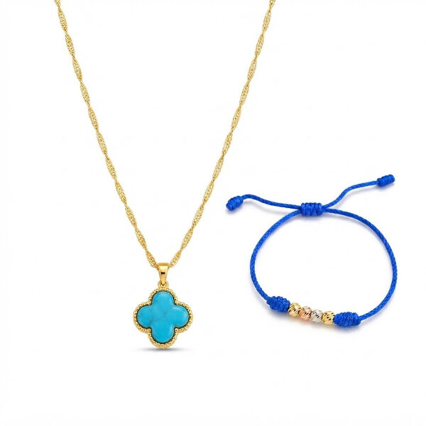 Cadena Singapur Dama 45 cm + Dije Trébol Azul + Pulsera Hilo Azul con Balines Tres Oros Oro Laminado 18K