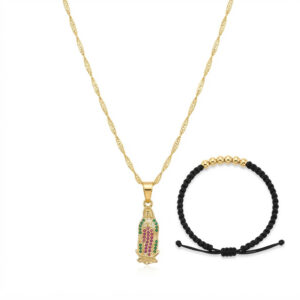 Cadena Singapur 45 cm + Dije Virgen de Guadalupe + Pulsera Balines Oro Laminado 18K