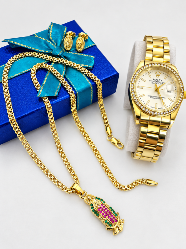 Set Elegante Dama Cadena Virgen de Guadalupe + Topos + Reloj Oro Laminado 18K
