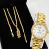 Set Elegante Dama Cadena Virgen de Guadalupe + Topos + Reloj Oro Laminado 18K