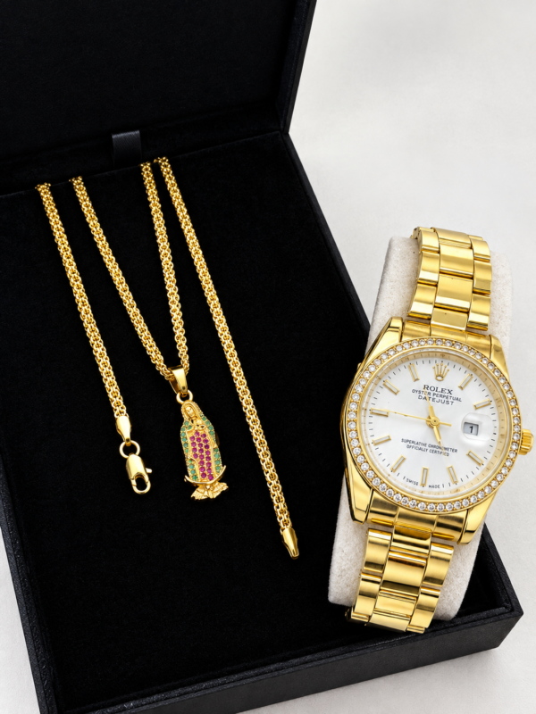 Set Elegante Dama Cadena Virgen de Guadalupe + Topos + Reloj Oro Laminado 18K