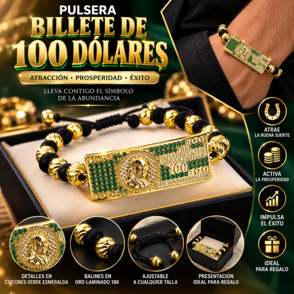 Pulsera Billete de 100 Dólares Hombre Oro Laminado 18K | Abundancia y Estilo