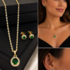 Combo Cadena + Pulsera + Topos Juego Circular Verde Esmeralda Oro Laminado 18K