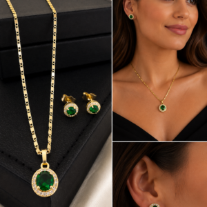 Combo Cadena + Pulsera + Topos Juego Circular Verde Esmeralda Oro Laminado 18K
