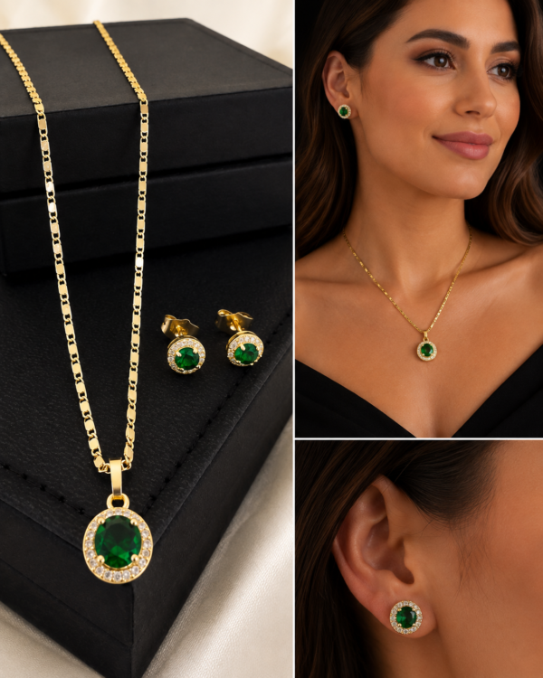 Combo Cadena + Pulsera + Topos Juego Circular Verde Esmeralda Oro Laminado 18K