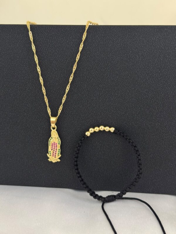 Cadena Singapur 45 cm + Dije Virgen de Guadalupe + Pulsera Balines Oro Laminado 18K
