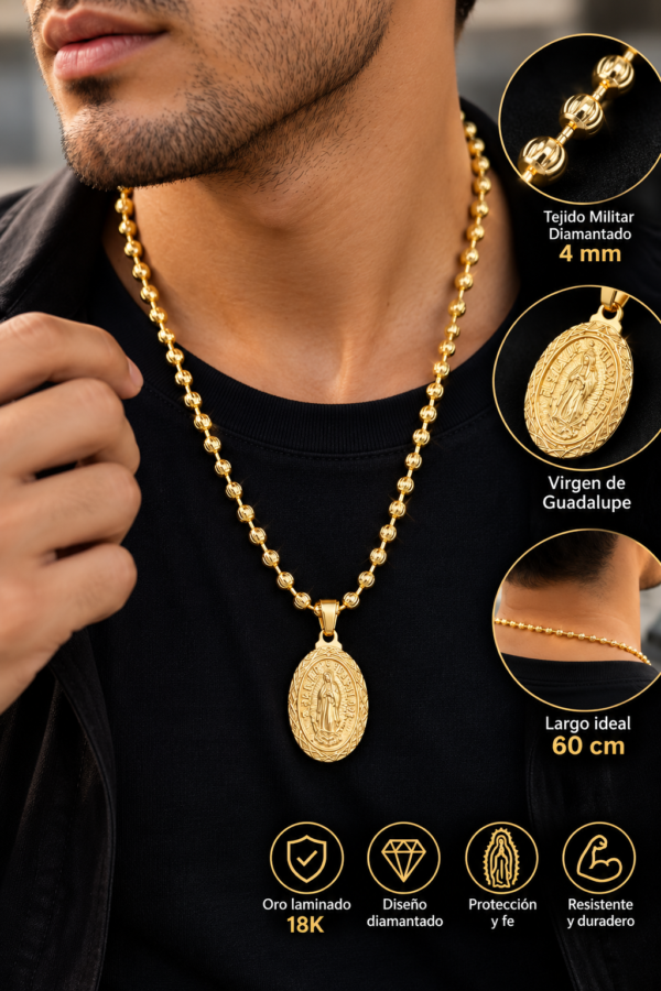 Cadena Militar Diamantada Hombre 60 cm + Dije Virgen de Guadalupe Oro Laminado 18K
