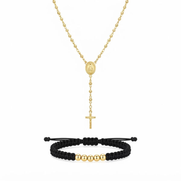 Camándula Dama Balín 3.5 mm + Pulsera Virgen Milagrosa Oro Laminado 18K