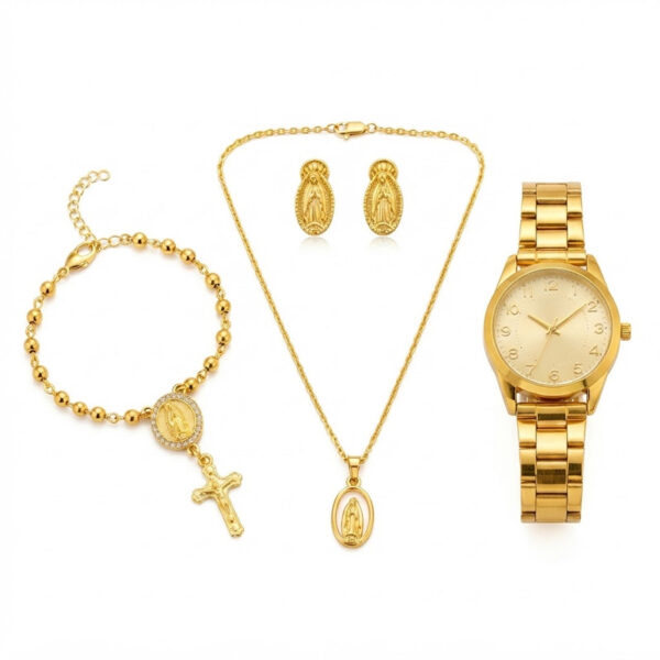 Combo Cadena + Pulsera + Reloj + Topos Virgen de Guadalupe Dama Oro Laminado 18K
