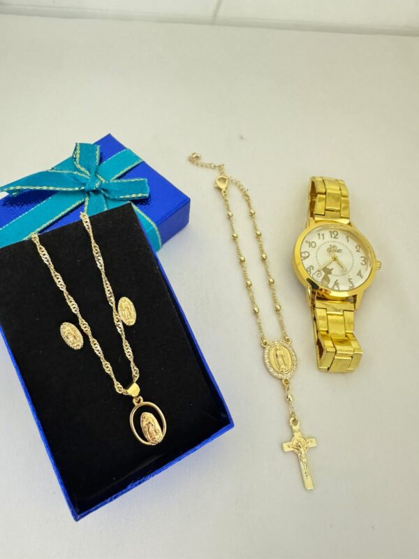 Combo Cadena + Pulsera + Reloj + Topos Virgen de Guadalupe Dama Oro Laminado 18K